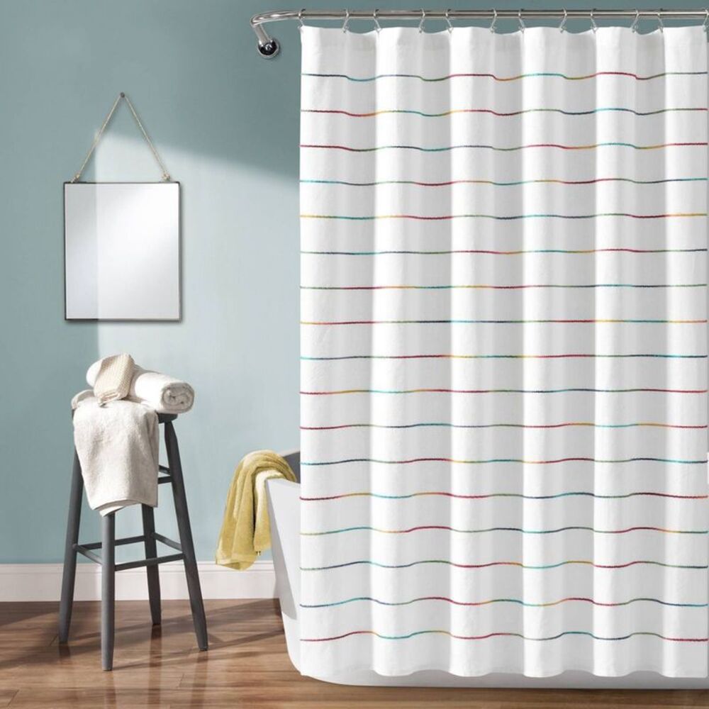 Ombre Striped Yarn Dyed Cotton Shower Curtain White/Rainbow - Lush Décor